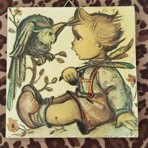 Vintage Hummel Bird Biting Boy's Hair`Wooden Picture